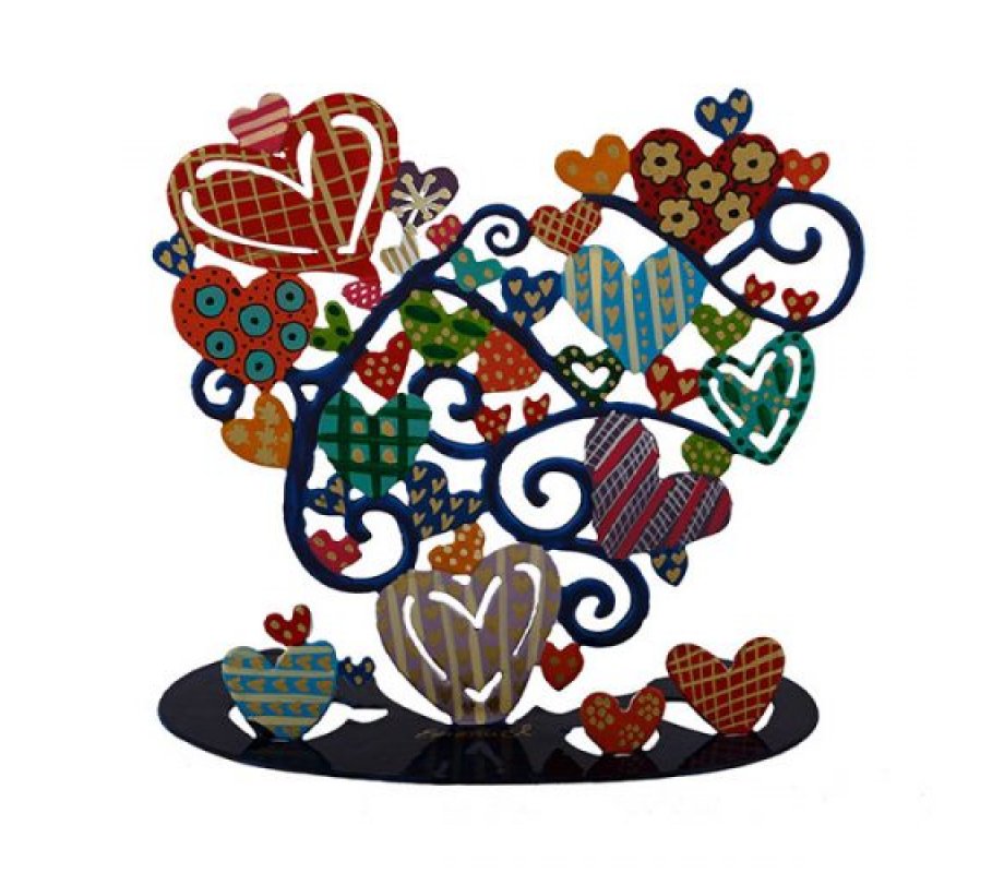 Large Hand Painted Hamsa on Stand, Colorful Heart Shapes - Yair Emanuel