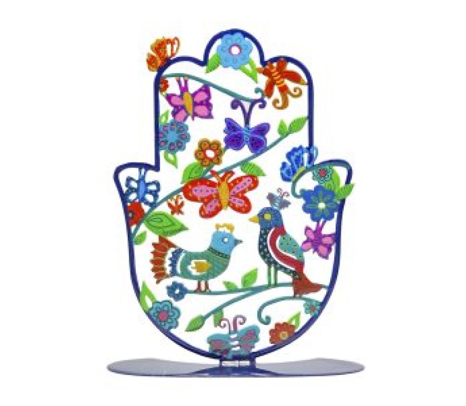 Large Hand Painted Hamsa on base, Birds in a Pastoral Scene – Yair Emanuel