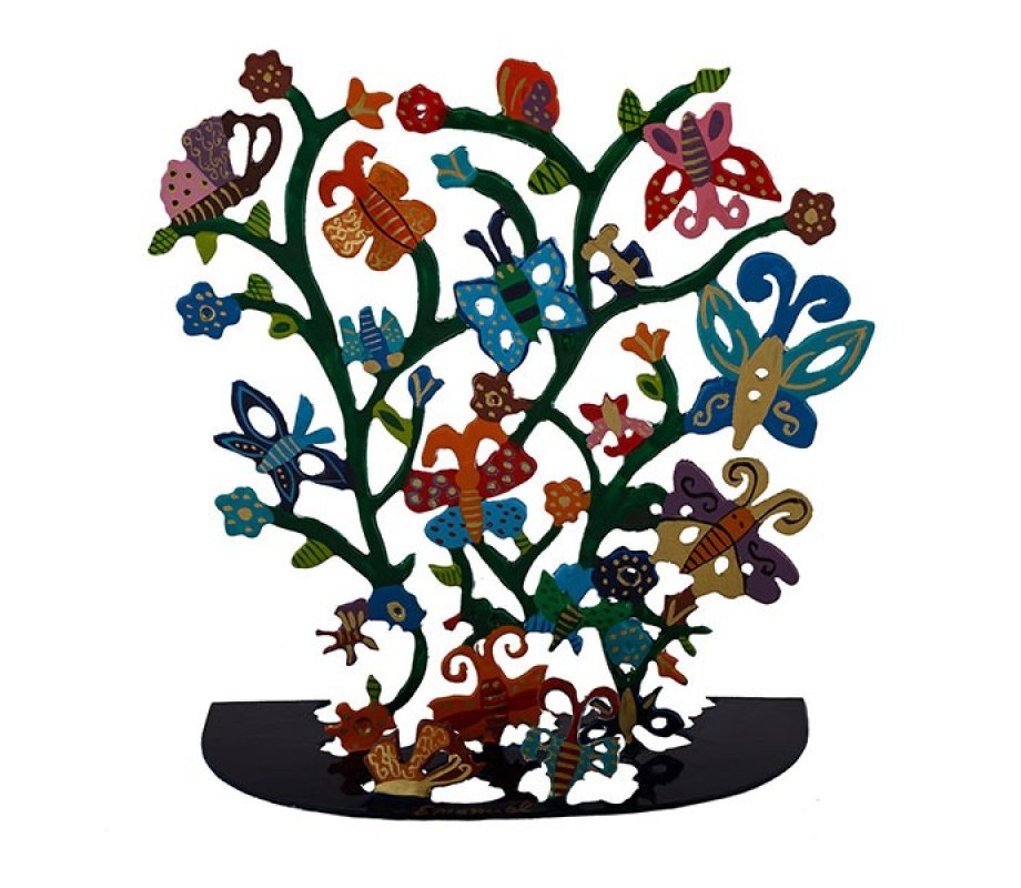 Large Hand Painted Sculpture on Base, Tree with Colorful Butterflies - Yair Emanuel