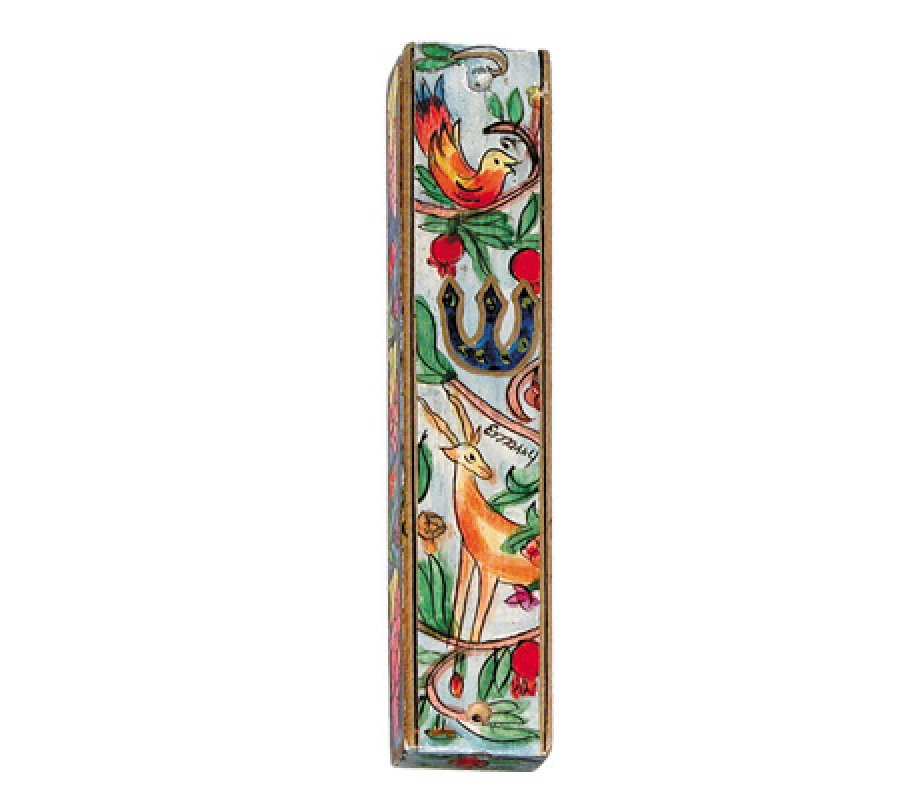 Large Hand Painted Wood Mezuzah Case, Forest Scene - Yair Emanuel