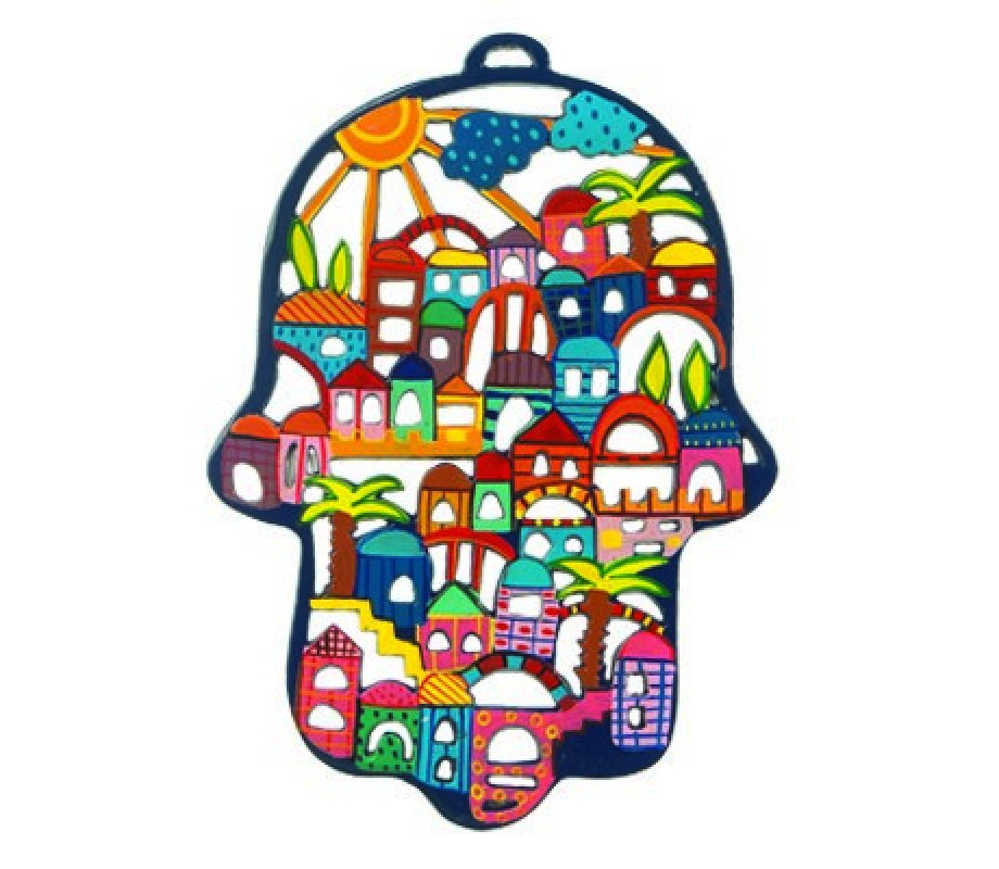 Large Laser Cut Hand-Painted Wall Hamsa Colorful, Jerusalem - Yair Emanuel