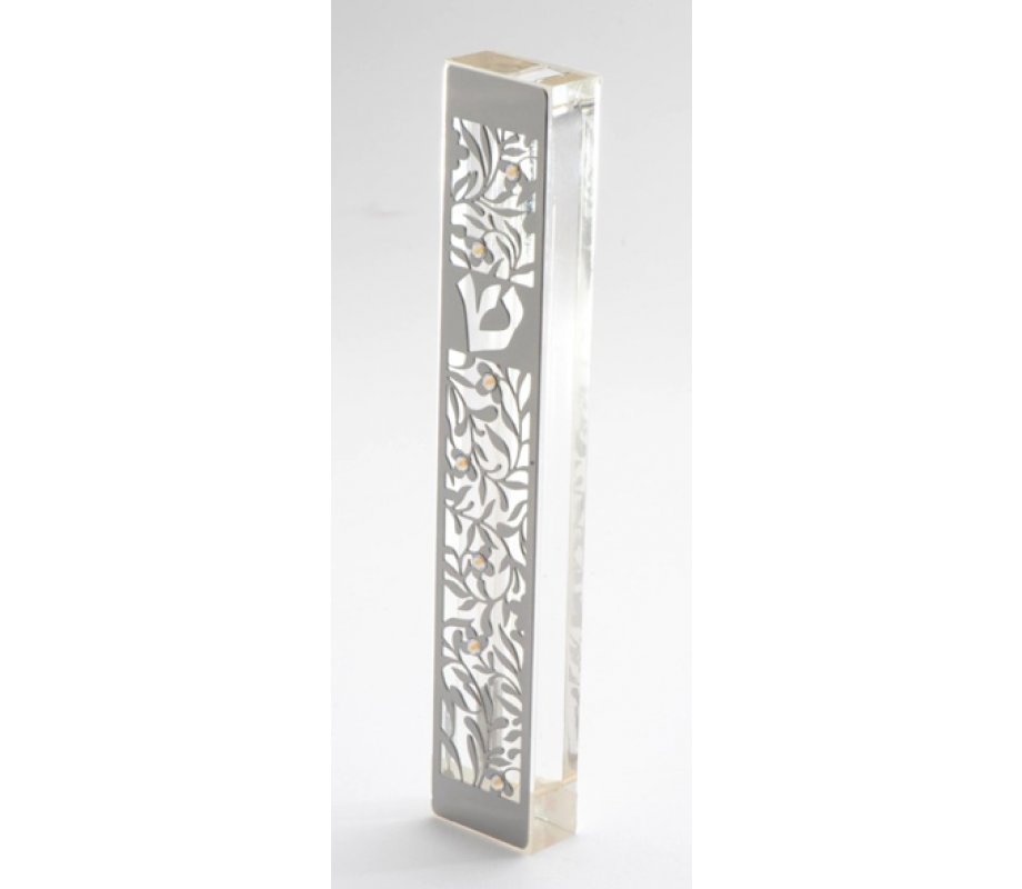 Large Lucite Mezuzah Case, Leaves and Flowers with Clear Crystals - Dorit Judaica