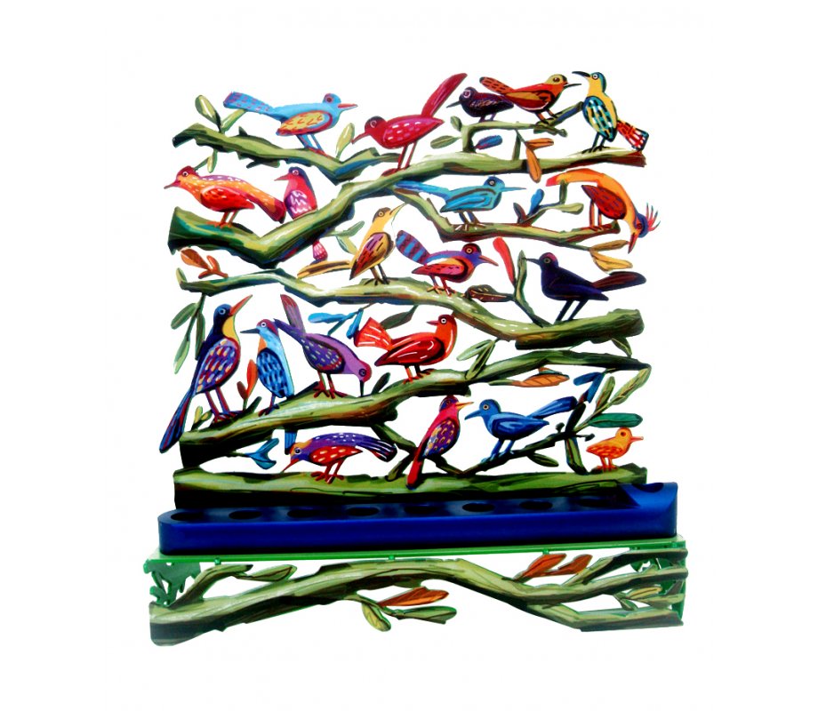 Laser Cut Metal Colorful Hanukka Menorah, Fluttering Birds - David Gerstein