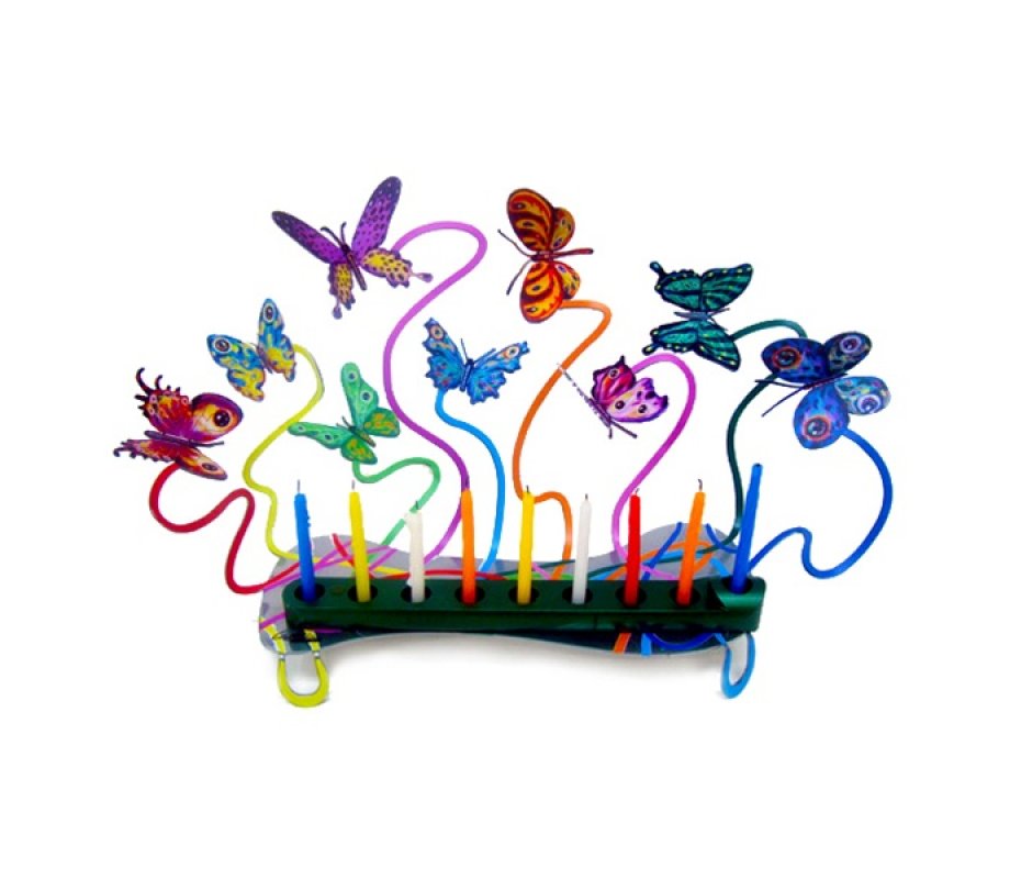 Laser Cut Metal Colorful Hanukkah Menorah, Fluttering Butterflies - David Gerstein