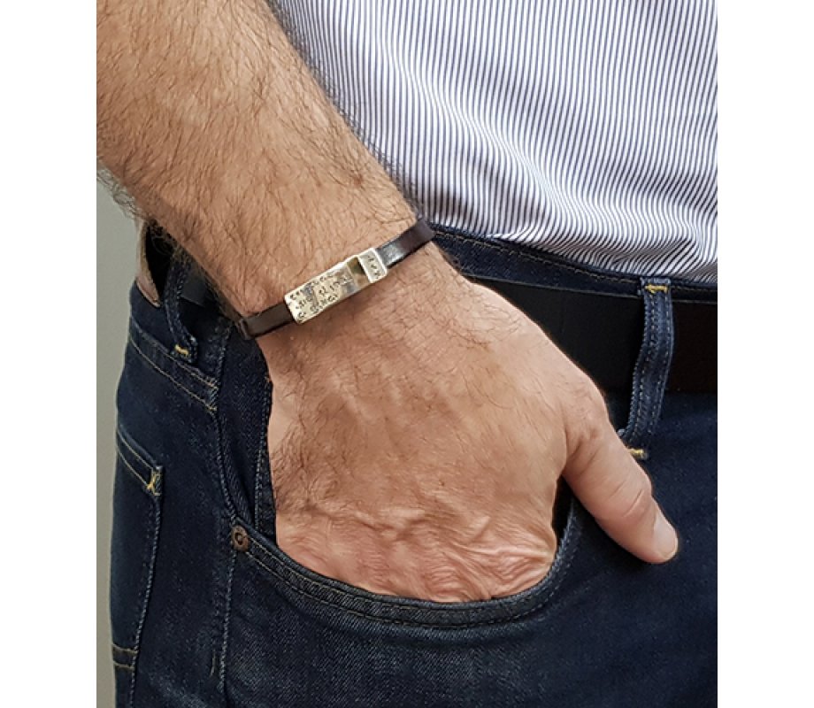 Leather Men Bracelet with Gold Band & Sterling Silver Hebrew Travelers Prayer - Studio Golan