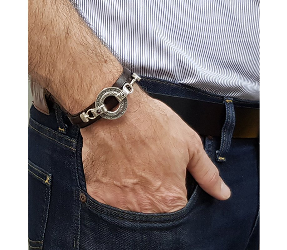 Leather Triple-wrap Men Bracelet with Silver Ana Bekoach Aaronic Blessing - Studio Golan