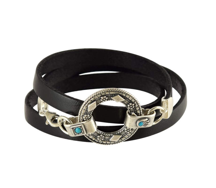 Leather triple-Wrap Men Bracelet, Sterling Silver Hamsa & Hebrew Priestly Blessing - Studio Golan