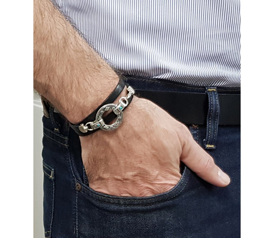 Leather triple-Wrap Men Bracelet, Sterling Silver Hamsa & Hebrew Priestly Blessing - Studio Golan