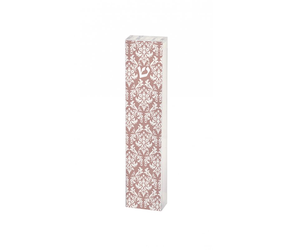 Lucite Mezuzah Case with Fleur De Lys, Pink and White - Dorit Judaica