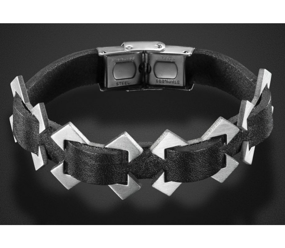 Man's Bracelet with Stainless Steel X Design on Black Leather – Adi Sidler