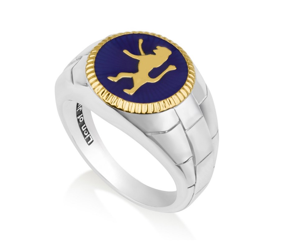 Man's Sterling Silver and Gold Plated Ring – Blue Enamel with Lion of Judah