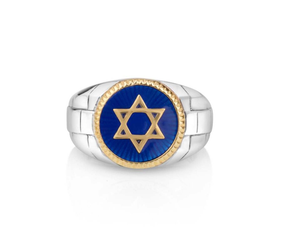 Man's Sterling Silver and Gold Plated Ring with Blue Enamel - Star of David