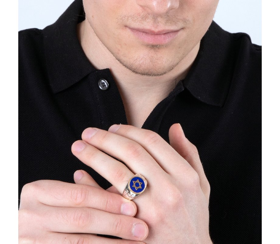 Man's Sterling Silver and Gold Plated Ring with Blue Enamel - Star of David