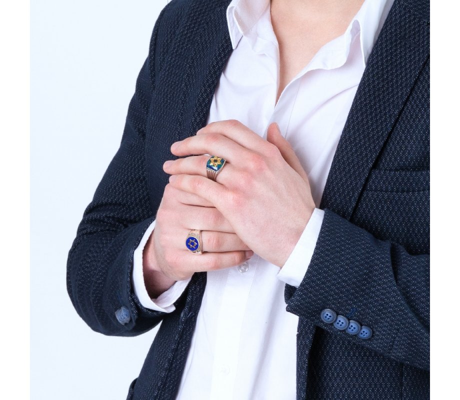 Man's Sterling Silver and Gold Plated Ring with Blue Enamel - Star of David