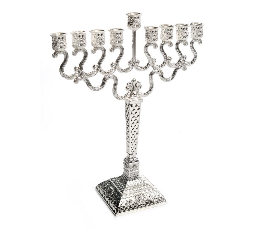 Medium Size Hanukkah Menorah, Silver Plated with Diamond Design