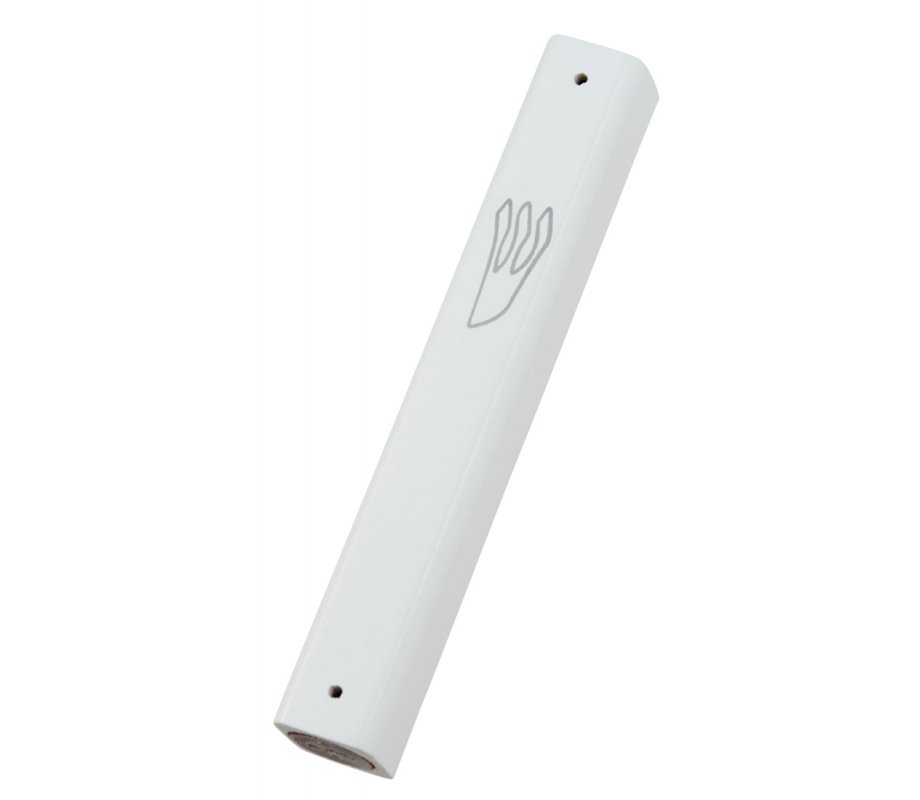 Mezuzah Case of Rounded White Wood with Silver Shin Outline