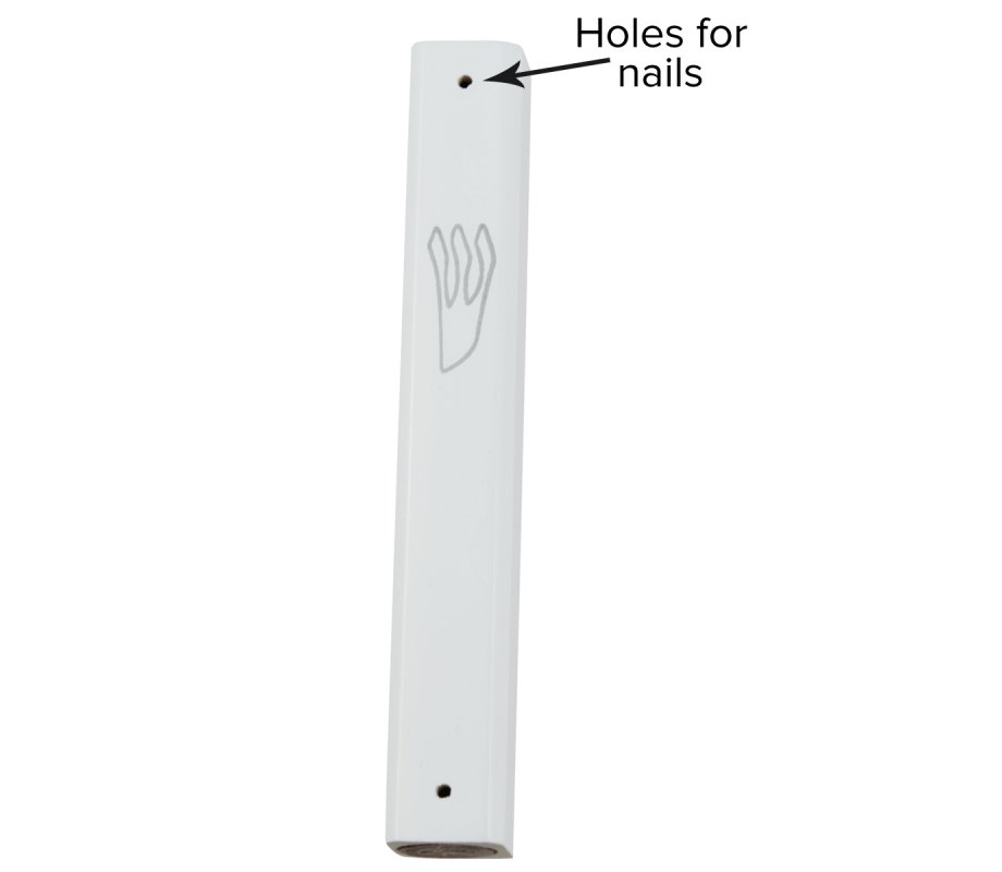 Mezuzah Case of Rounded White Wood with Silver Shin Outline