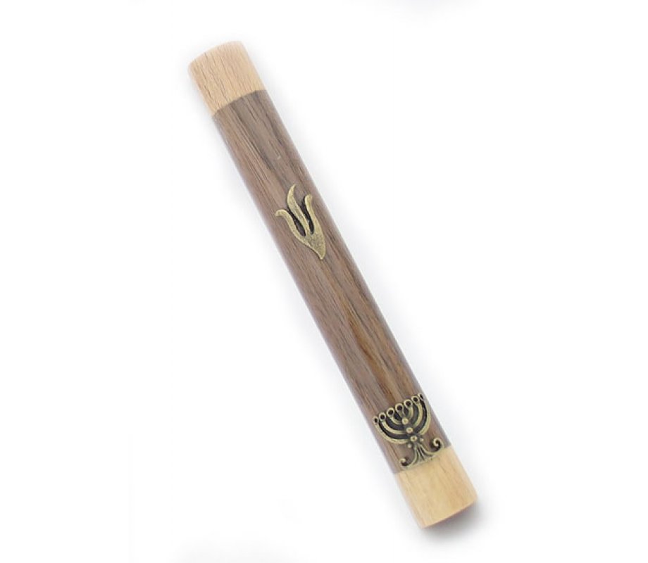 Mezuzah Case of Two-Tone Brown Wood with Shin and Menorah in Gold Pewter