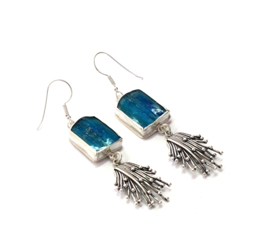 Michal Kirat Roman Glass Drop Earrings with Hanging Silver Waves Pendant - Michal Kirat