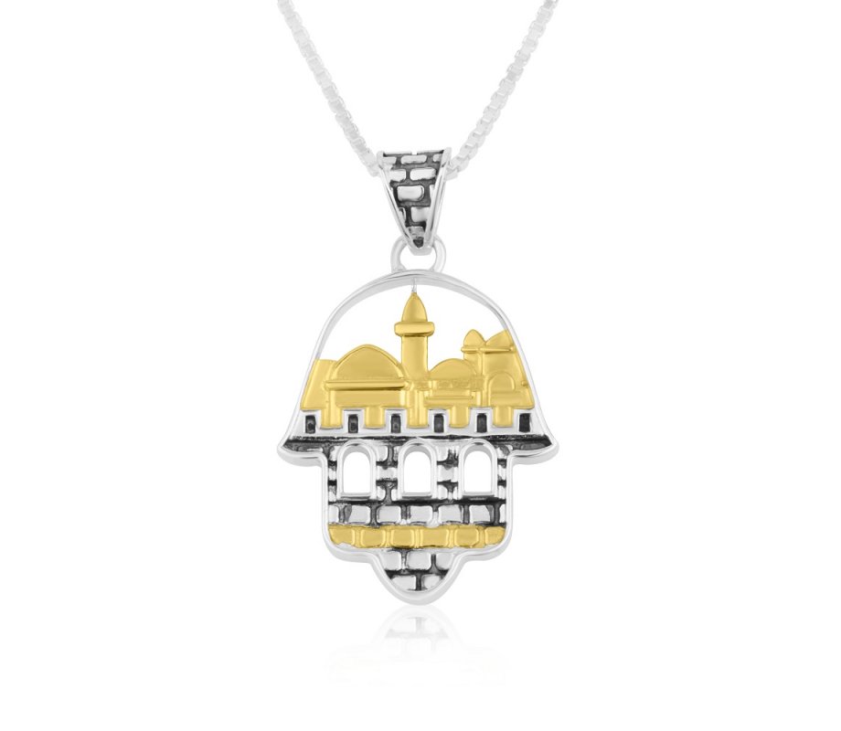 Necklace of Sterling Silver with Hamsa Pendant and Gold Plated Jerusalem Images