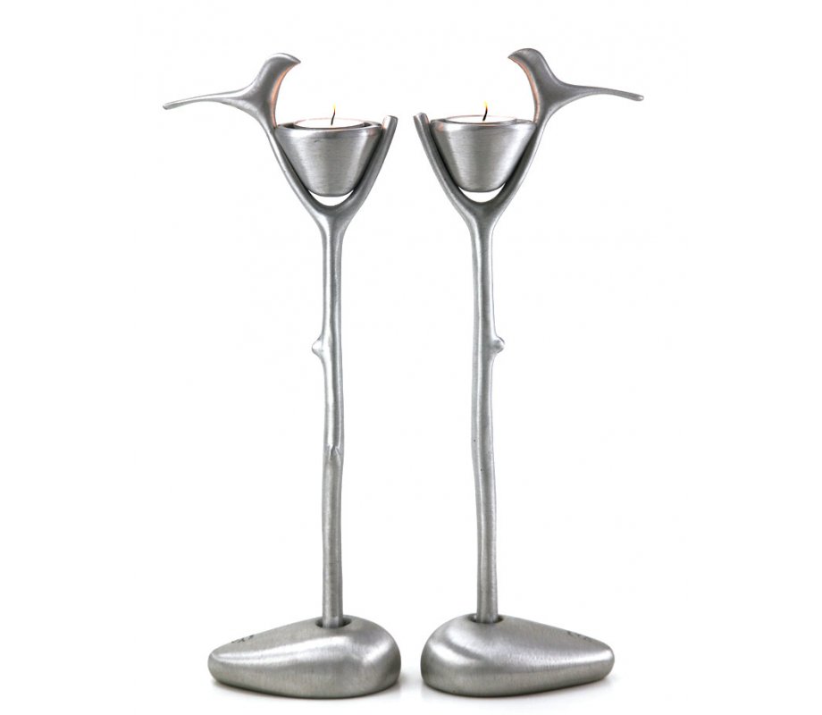Nest and Perched Bird Candle Holders on Tree Branch - Silver by Shraga Landesman