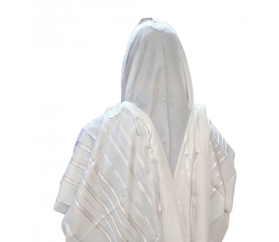 Non Slip Acrylic Prayer Shawl, Textured Checkerboard Weave – Gold and White Stripes