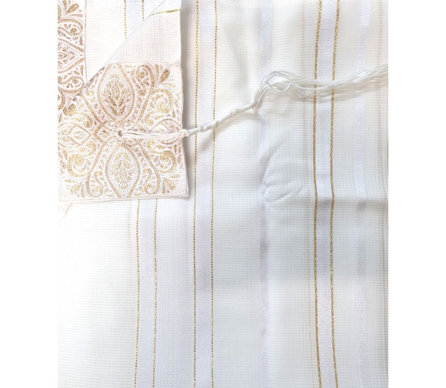 Non Slip Acrylic Prayer Shawl, Textured Checkerboard Weave – Gold and White Stripes