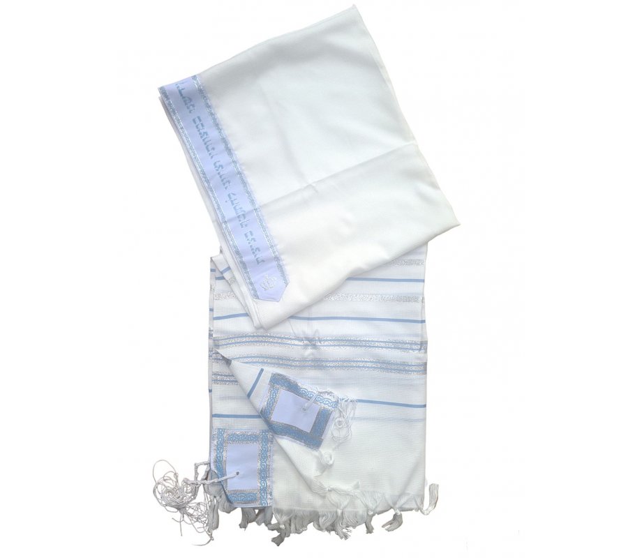 Non Slip Lightweight Acrylic Tallit Prayer Shawl with Silver and Light Blue Stripes