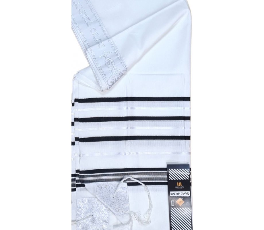Non-Slip Acrylic Prayer Shawl, Textured Checkerboard Weave - Silver and Black Stripes
