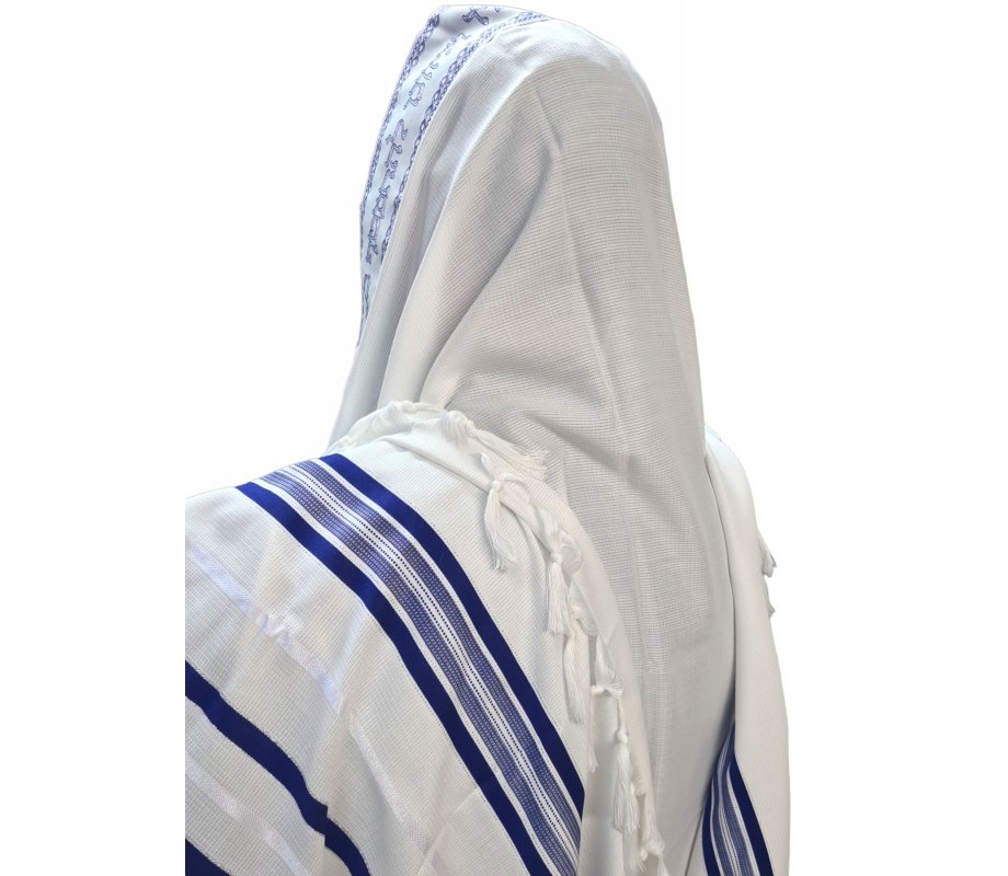 Non-Slip Acrylic Prayer Shawl, Textured Checkerboard Weave – Silver and Blue Stripes