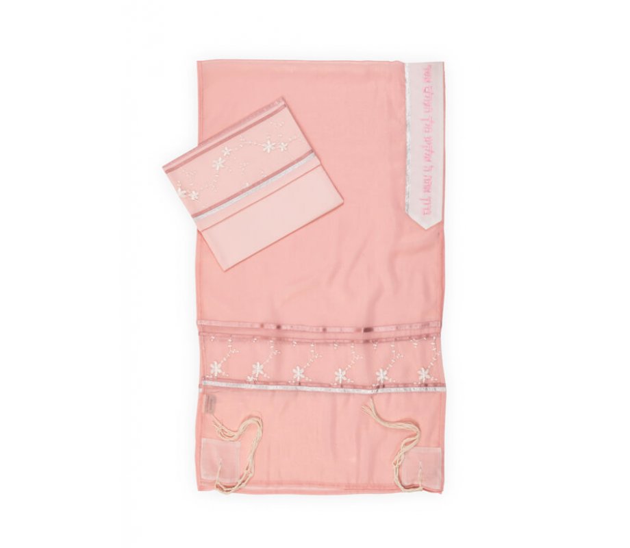 Organza Tallit Prayer Shawl Set With Decorative Floral Panel, Pink - Ronit Gur