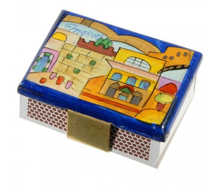 Painted Wood Matchbox Holder, Kotel and Jerusalem Scenes - Yair Emanuel