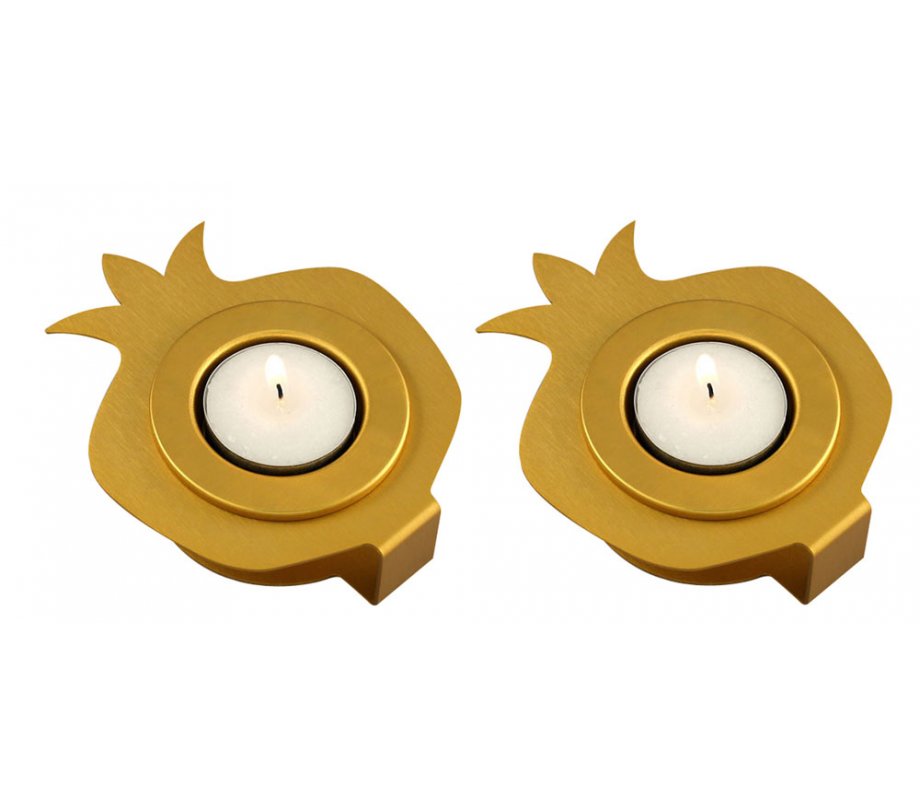 Pair Aluminum Pomegranate Candle Holders - Gold by Shraga Landesman