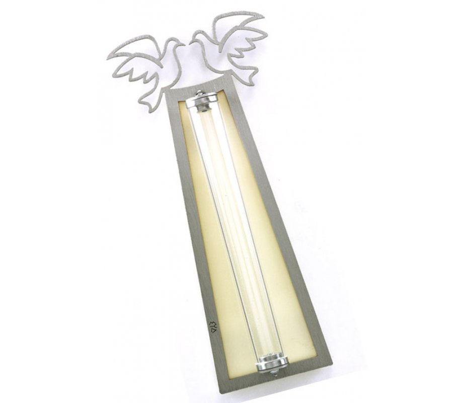 Peace Doves Mezuzah Case Silver and White - Aluminum, Lucite by Shraga Landesman