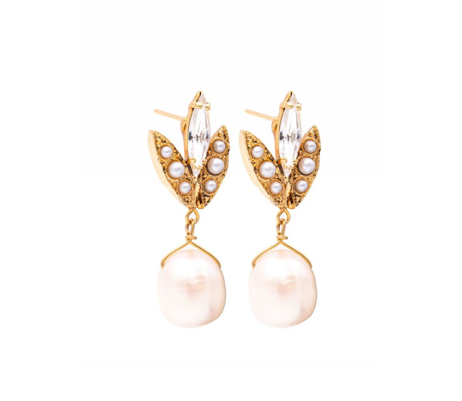 Pearl Dangle Post Earrings on Yellow Gold Plate, Pearl Jam Collection - Amaro
