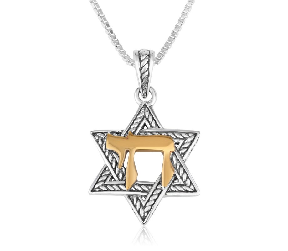 Pendant Necklace, Chai and Star of David - Gold Plate and Textured Sterling Silver