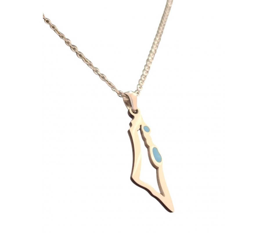 Pendant Necklace, Silhouette of Israel & Blue Enamel for Seas – Silver Stainless Steel