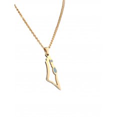 Pendant Necklace, Silhouette of Israel & Blue Stones for Seas  Gold Stainless Steel