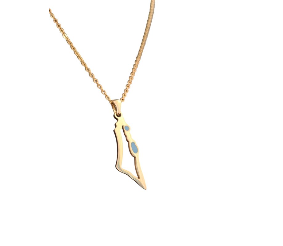 Pendant Necklace, Silhouette of Israel & Blue Stones for Seas – Gold Stainless Steel