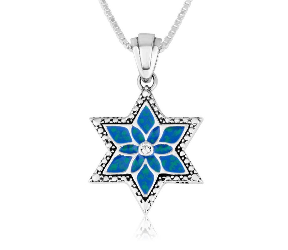 Pendant Necklace, Star of David with Blue Flowers and Zircons - Sterling Silver