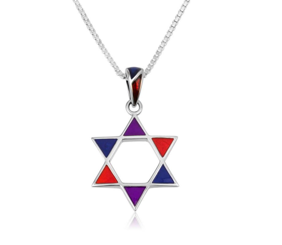 Pendant Necklace, Star of David with Colorful corners, Sterling Silver