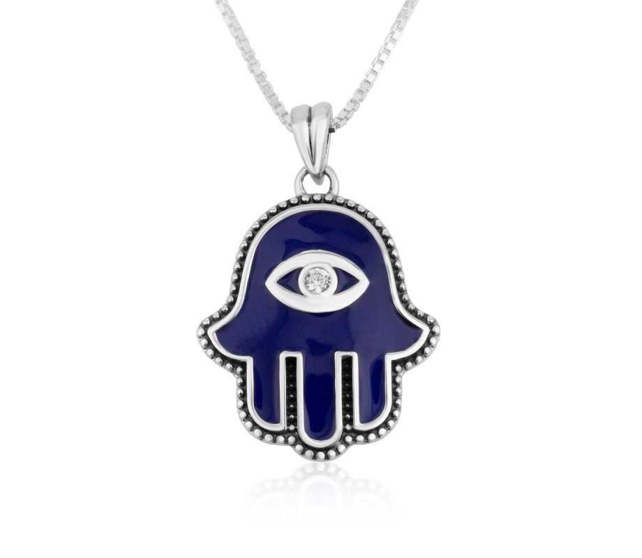 Pendant Necklace with Blue Enamel Hamsa Pendant - Protective Eye with Stone