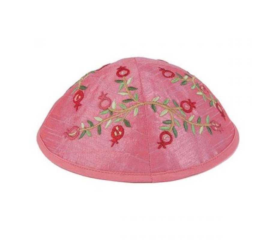 Pink Kippah with Embroidered Red Pomegranates - Yair Emanuel