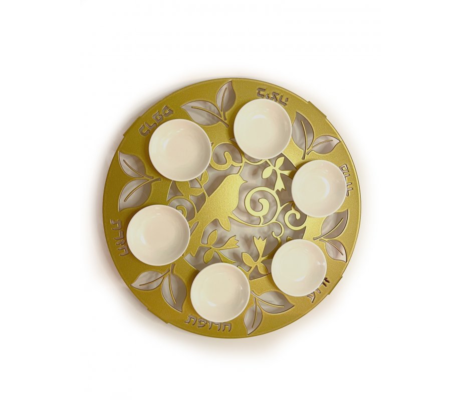 Raised Handmade Seder Plate with Cutout Bird and Leaves in Gold - Iris Design