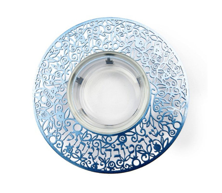 Raised Honey Dish with Cutout Pomegranates and Shanah Tovah, Blue - Yair Emanuel