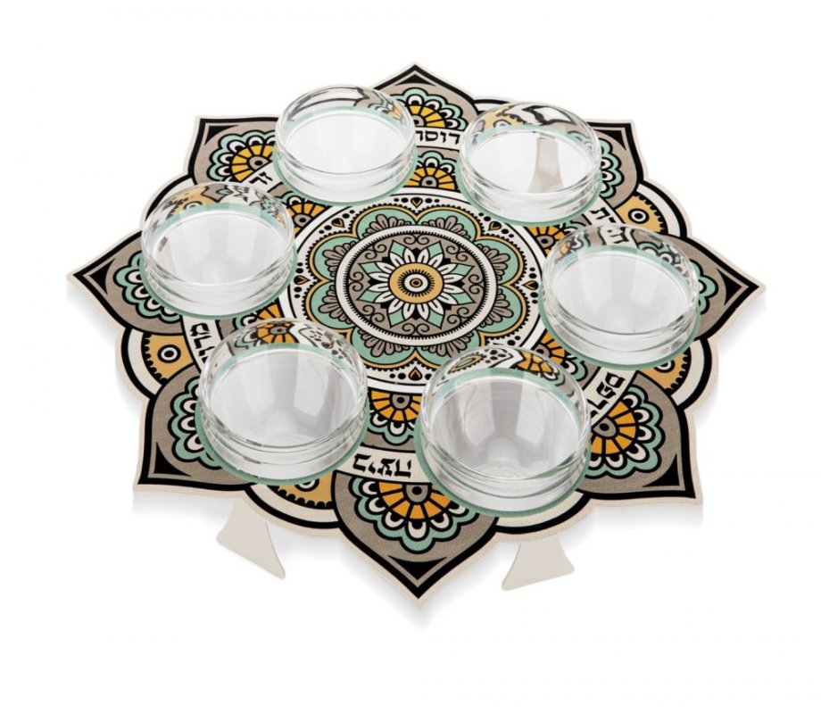 Raised Seder Plate with Bowls, Mustard Gray and Black Mandala - Dorit Judaica