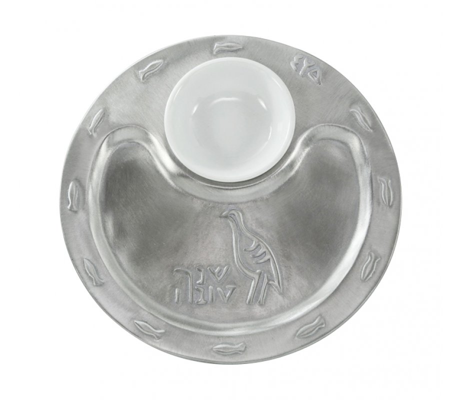 Raised Silver-Nickel Etched Tray with White Glass Honey Dish - Shraga Landesman