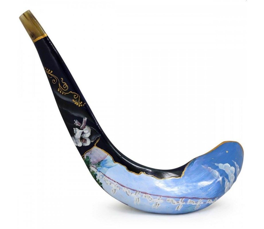 Rams Horn Shofar Hand Painted in Israel - Blue Jacobs Ladder with Gold Elements
