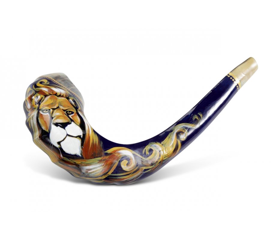 Rams Horn Shofar, Hand Painted in Israel - Lion of Judah with Gold Tints
