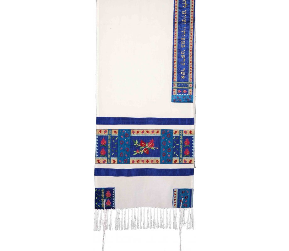 Red and Blue Embroidered Silk Prayer Shawl Set with Pomegranates - Yair Emanuel